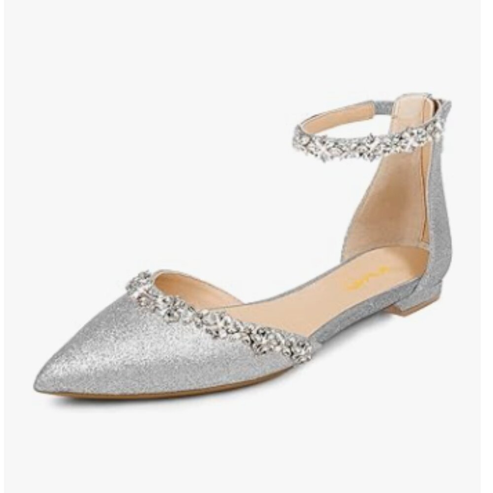 XYD Silver Glitter Pointed Toe D'Orsay Wedding Sandals Sparkly Rhinestones Shoes